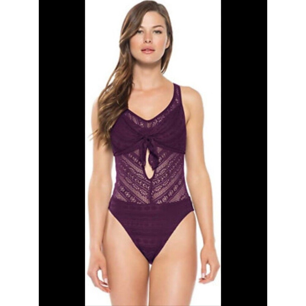 BECCA Virtue Crochet Purple Play Tie Front One Piece Swimsuit M Medium